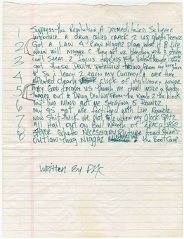 Tupac Shakur 1-Page Hand Written & Signed Lyrics To "Military Minds" - Likely Last Ever Lyrics Written (JSA LOA & Death Row Employee LOA)